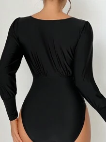 SHEIN Swim Solid Plunging Neck One Piece Swimsuit - Black - View 2