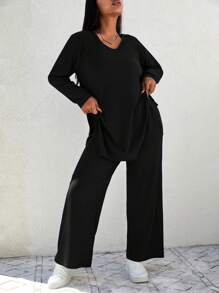 EURMUSE Plus Solid Split Hem Tee & Wide Leg Pants - Black - View 3