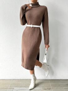 SHEIN Essnce 高領落肩袖高衩毛衣洋裝不附腰帶 - 棕色 - 查看 1