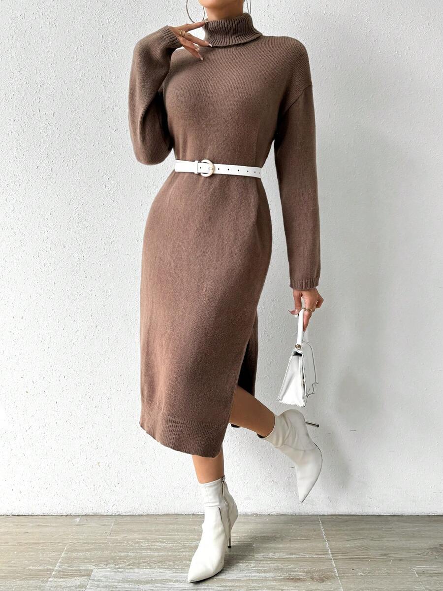SHEIN Essnce 高領落肩袖高衩毛衣洋裝不附腰帶 - 棕色 - 查看 1