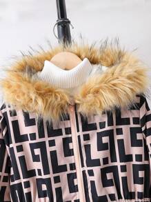 SHEIN Teenager Mädchen Mantel mit All Over Print flaumig Besatz Kapuze, Thermal Futter, ohne Pullover