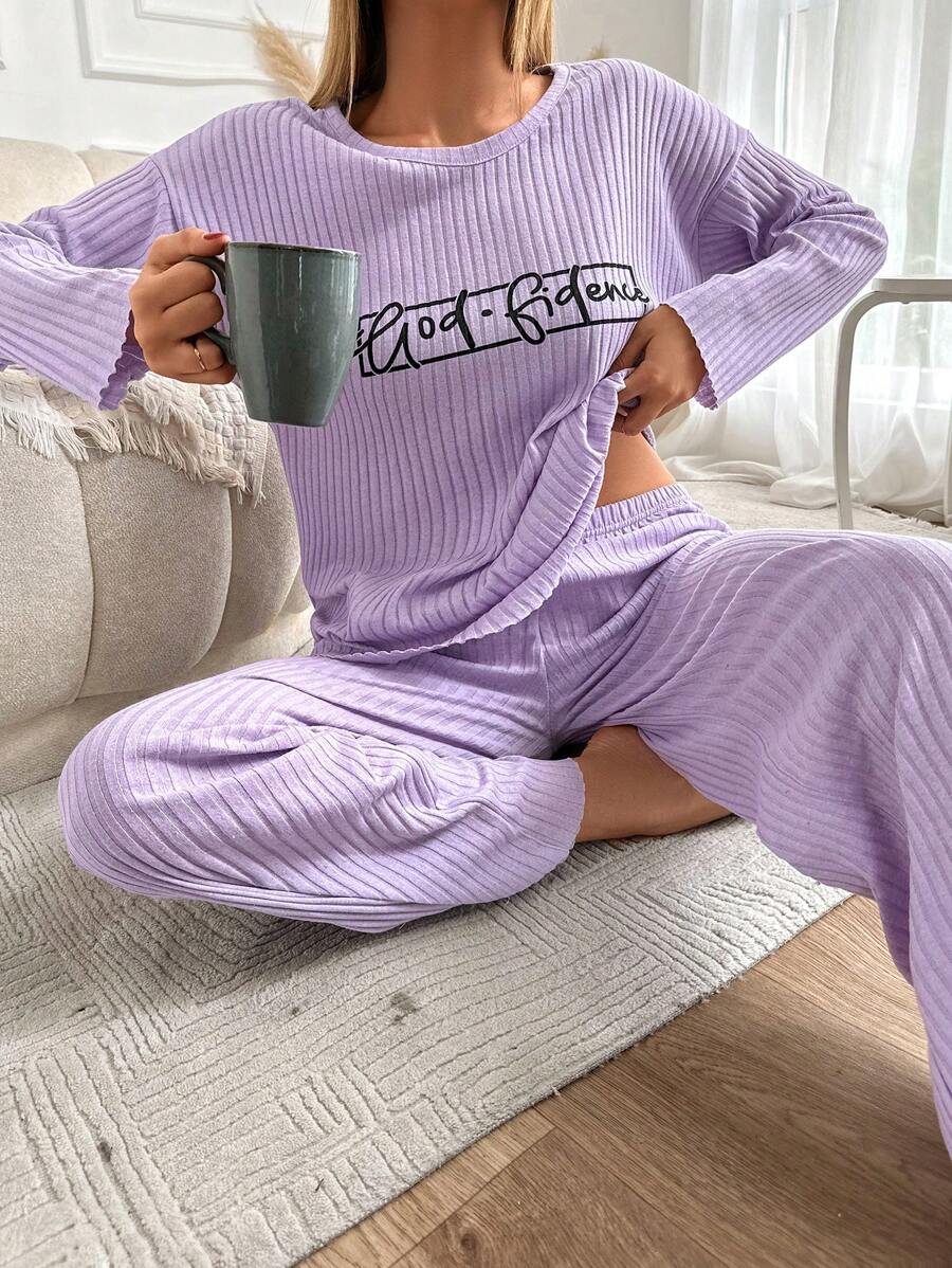 RueChic Letter Graphic Drop Shoulder Tee & Pants Lounge Set - Mauve Purple - View 1
