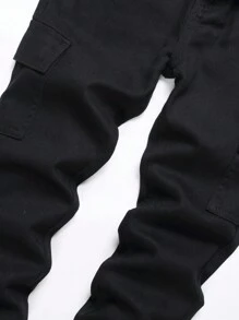 Pantalones cargo de mezclilla de unicolor informales para niño preadolescente - Negro - Ver 3