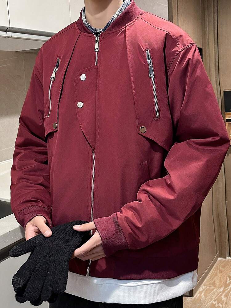 Loose-Fitting Men's Zipper-Up Drop Shoulder Bomber Jacket (Excludes T-Shirt)