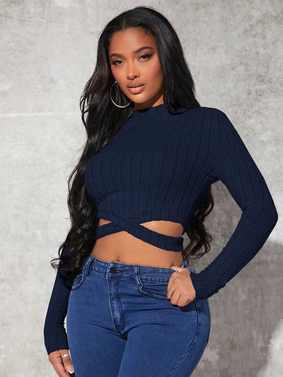 SHEIN SXY Viền chéo Áo phông Crop - Màu xanh hải quân - Xem 1