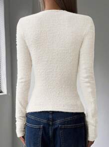 DAZY 女士纯色圆领长袖T恤上衣 - 白色 - 查看 2