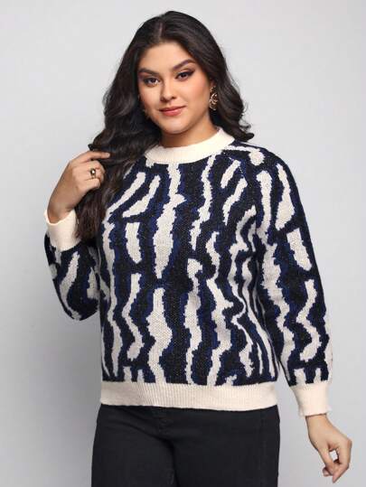 MB Studio Artist Women Plus Size Loose Fit Round-Neck Graphic Pattern Raglan Sleeve Sweater, Fall, For Autumn & Winter, Holiday, Vacation, Festival