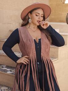 SHEIN VCAY Plus Fringe Hem Open Front Vest Jacket - Brown - View 5