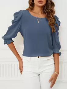 SHEIN Clasi Áo sơ mi nữ tay dài cổ tròn tối giản màu trơn đơn giản - Màu xanh bụi bặm - Xem 5