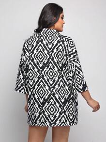 Sylvia Mollie Designer Plus Geo Print Kimono & Skirt, Women Clothes, For Holiday, Festival - Black and White - View 2