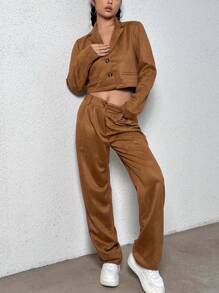 SHEIN Unity 西裝領短版西裝和褲子 - 棕色 - 查看 5