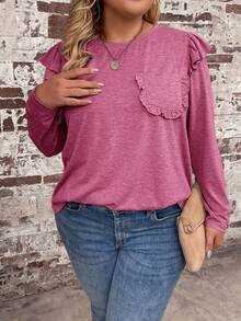 SHEIN LUNE 大碼荷葉邊口袋貼布T恤 - 玫紅色 - 查看 5