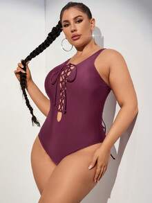 SHEIN Swim Curve Plus Size Solid Color Bandeau One-Piece Swimsuit, For Summer Beach Vacation - Red Violet - View 5