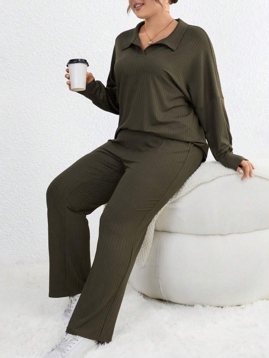 SHEIN LUNE Plus V-collar Drop Shoulder Tee & Pants - Green - View 1