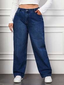 EURMUSE Plus Size Casual Straight Leg Jeans - Dark Wash - View 1