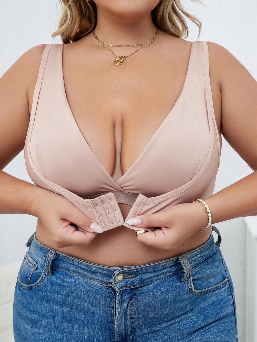 大尺碼前扣無鋼圈胸罩 - 杏色 - 查看 1