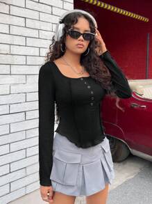 SHEIN EZwear Scoop Cổ Nút Nửa Mặt trước Áo thun - màu đen - Xem 4