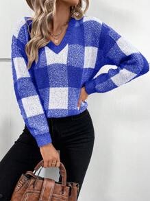 SHEIN LUNE Họa tiết kẻ sọc trâu Thả vai Áo len - Xanh đậm - Xem 6