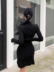 Dazy Star Chất rắn Cổ cao Đồ đan Ribbed Đầm Áo len - màu đen - Xem 2