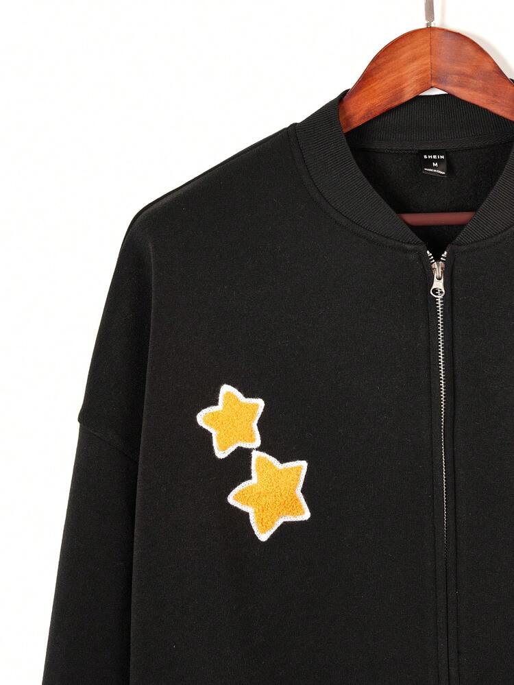 Men's Oversized Drop Shoulder Bomber Jacket With Star And Letter Flocking Embroidery