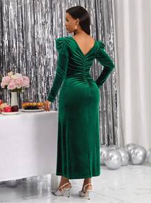 Fleurora Plus Size Women's Olive Green Velvet Puff Sleeve Pleated Design Rhinestone Embellished Button-Up Dress Prom Dress Green Women Dresses Festival Outfits Dark Green Dress Fall Wedding Guest Dress