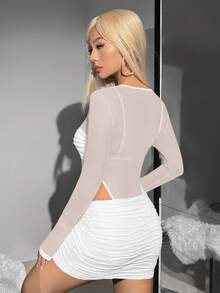 SHEIN ICON Contrast Mesh Bodysuit & Cross Wrap Bodycon Skirt - White - View 2