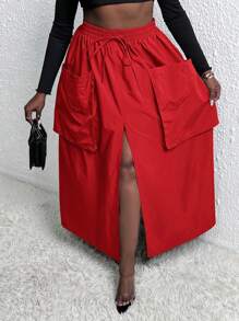 Slaydiva Plus Drawstring Waist Dual Pocket Split Thigh Skirt - Red - View 1
