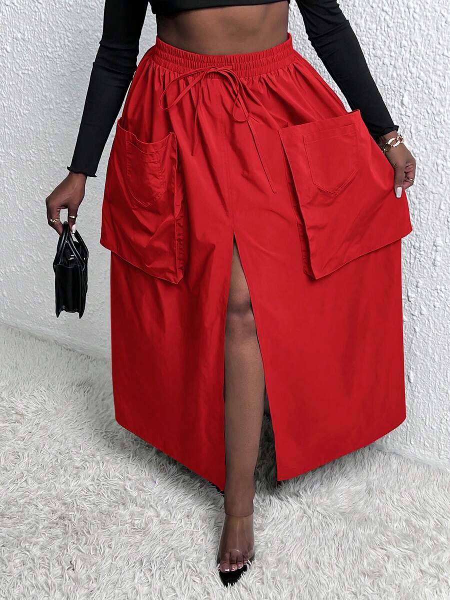 Slaydiva Plus Drawstring Waist Dual Pocket Split Thigh Skirt - Red - View 1