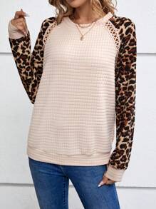 EMERY ROSE Contrast Leopard Print Raglan Sleeve Sweatshirt - Apricot - View 1