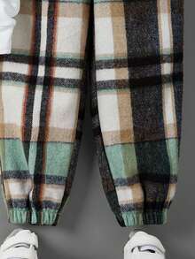 3 件套年轻男孩休闲舒适时尚简约柔软实用温暖白色保暖内衬连帽衫，多巴胺格子背心和裤子套装，适合秋冬季 - 綠色 - 查看 7