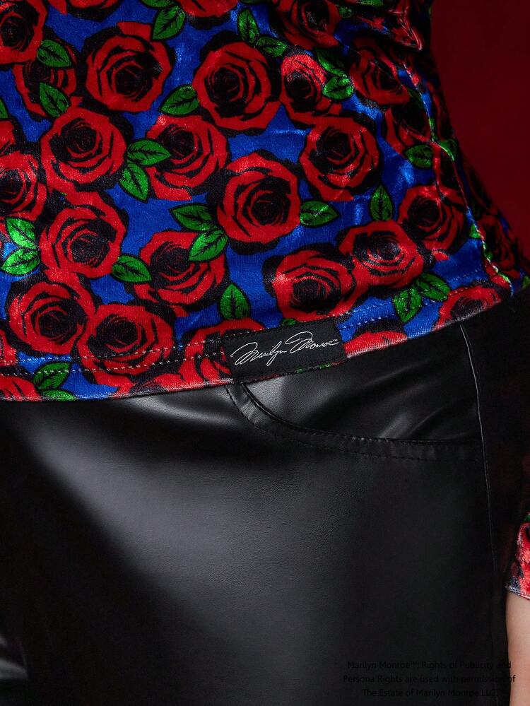 Plus Off Shoulder Cross Wrap Front Floral Print Velvet Tee