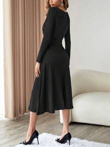 SHEIN Privé Solid A-line Dress - Black - View 2