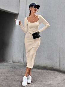 SHEIN Essnce Scoop Neck Ribbed Knit Bodycon Dress - Apricot - View 1