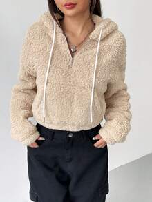 SHEIN EZwear Cartoon Embroidery Drop Shoulder Hoodie - Apricot - View 4