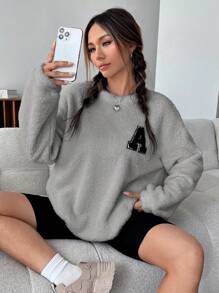 SHEIN EZwear 字母貼布落肩袖毛茸茸運動衫 - 灰色 - 查看 7