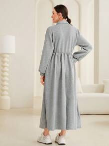 Mulvari 女款純色半拉鍊燈籠袖衛衣連身裙 - 灰色 - 查看 2