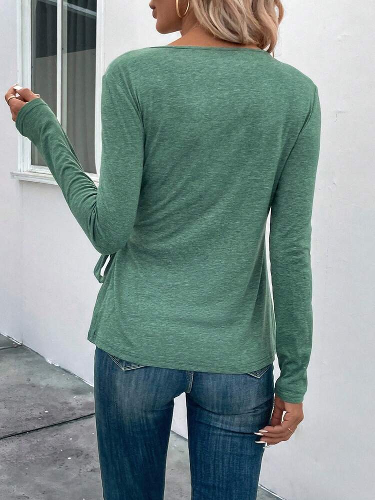 Solid Tie Side Wrap Tee Fall Cloth For Women