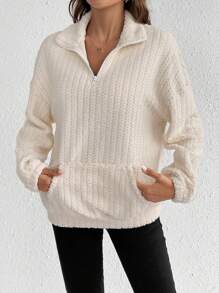 SHEIN Frenchy Kangaroo Pocket Half Zip Drop Shoulder Flannel Sweatshirt - Apricot - View 6