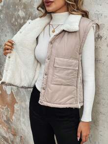 SHEIN Essnce 翻盖口袋泰迪熊衬里背心棉服外套衣服冬季 - 杏色 - 查看 3