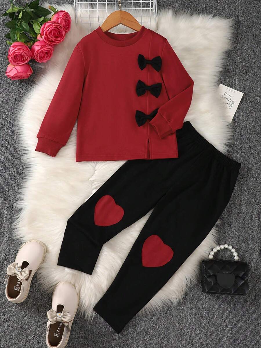 可愛蝴蝶結 前蝴蝶結心女童（小）兩件套 - 酒紅色 - 查看 1