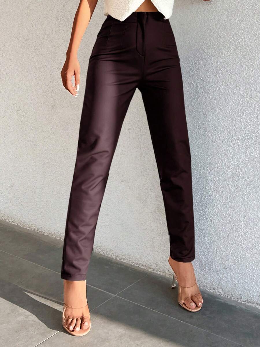 EURMUSE Solid High Waist PU Leather Pants - Brown - View 1