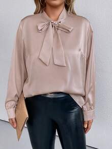 SHEIN Clasi Plus Tie Neck Satin Blouse - Apricot - View 4
