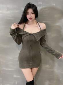 DAZY Damen einfarbiges Rippstrick-Kleid mit Haterneckausschnitt und Knöpfen, Herbst/Winter - Grün - Übersicht 8
