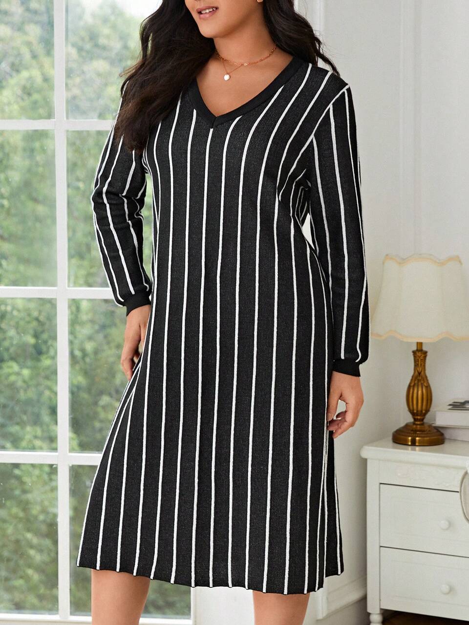 Plus Striped Pattern Lantern Sleeve Sweater Dress Fall/Winter