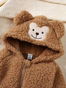 Baby Boy Bear Embroidery 3D Ears Design Hooded Teddy Jumpsuit - Brown - View 6