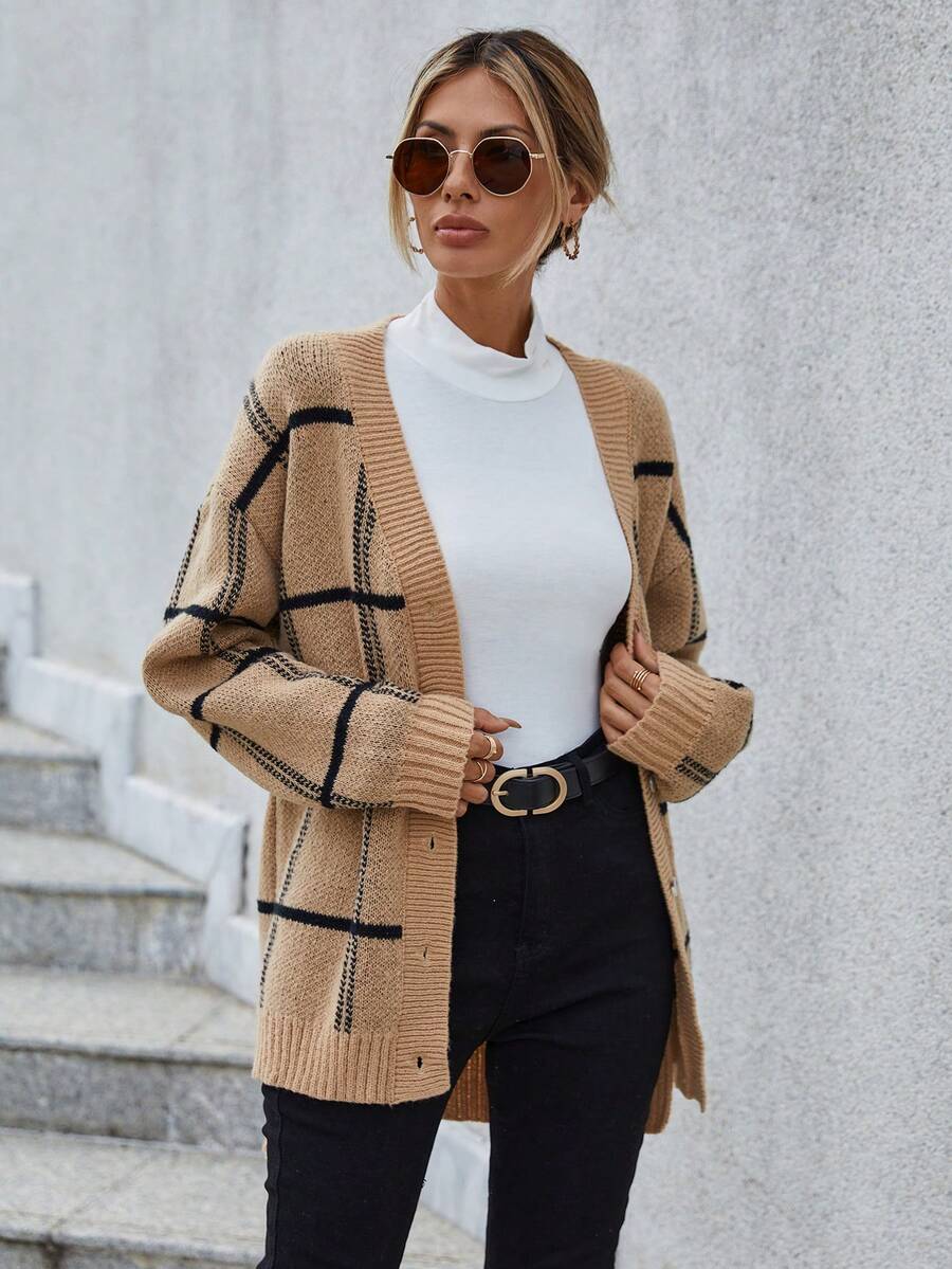 SHEIN LUNE 格紋圖案落肩袖開襟衫 - 彩色 - 查看 1