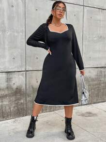 Flirla Plus Robe À Liseré Contrastant À Encolure De Cœur - Noir - Voir 5