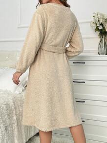 Thêu Chữ Túi Kép Thắt lưng Teddy ÁO choàng mặc nhà - Màu be - Xem 2