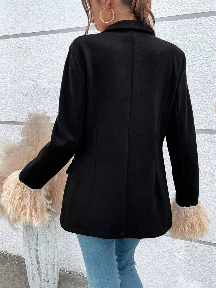 Fuzzy Cuff Lapel Neck Double Breasted Overcoat