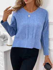 SHEIN Frenchy Drop Shoulder Split Hem Sweater - Blue - View 4